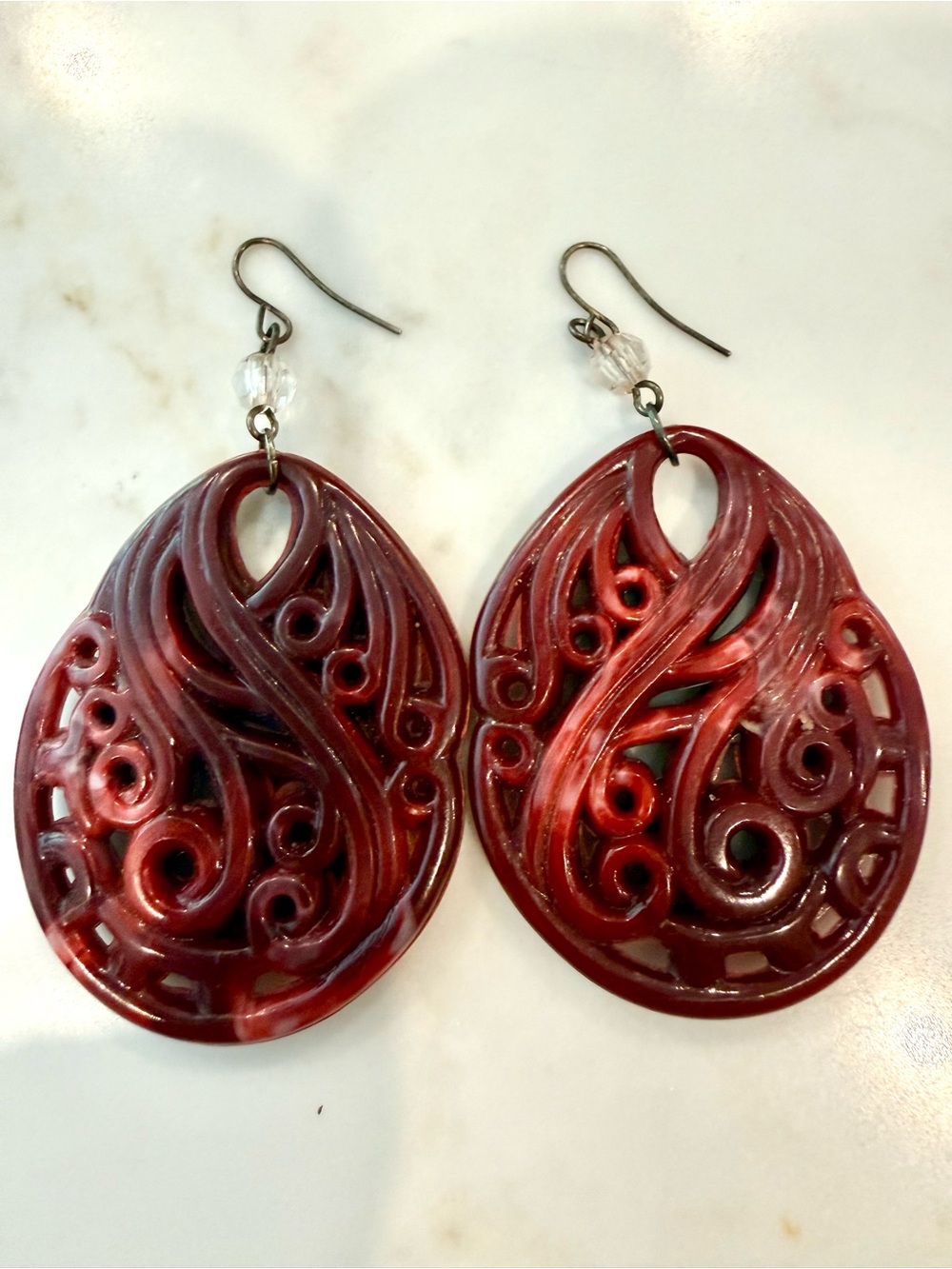Red Carved Teardrop Dangle Earrings - Unbranded